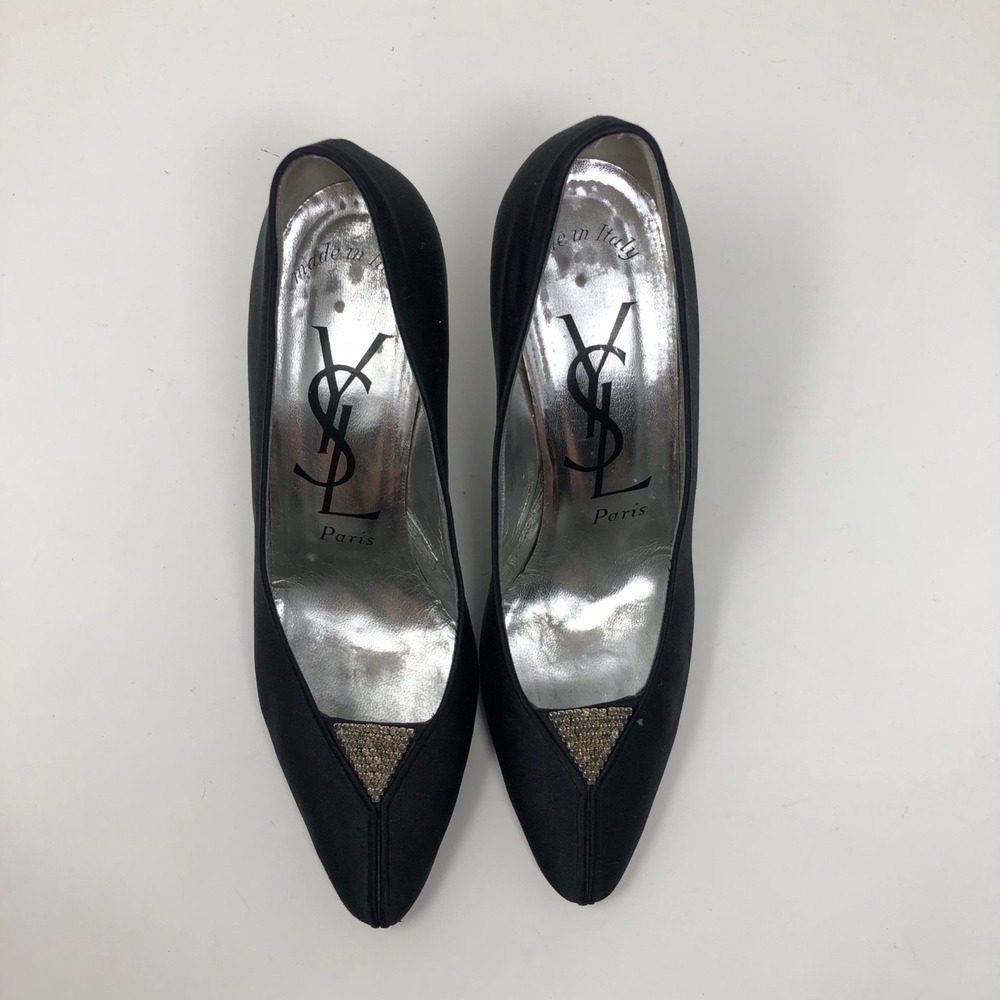 Saint Laurent Pumps Women 8 Black Satin Rhinestone Vintage YSL Heels - Picture 4 of 15